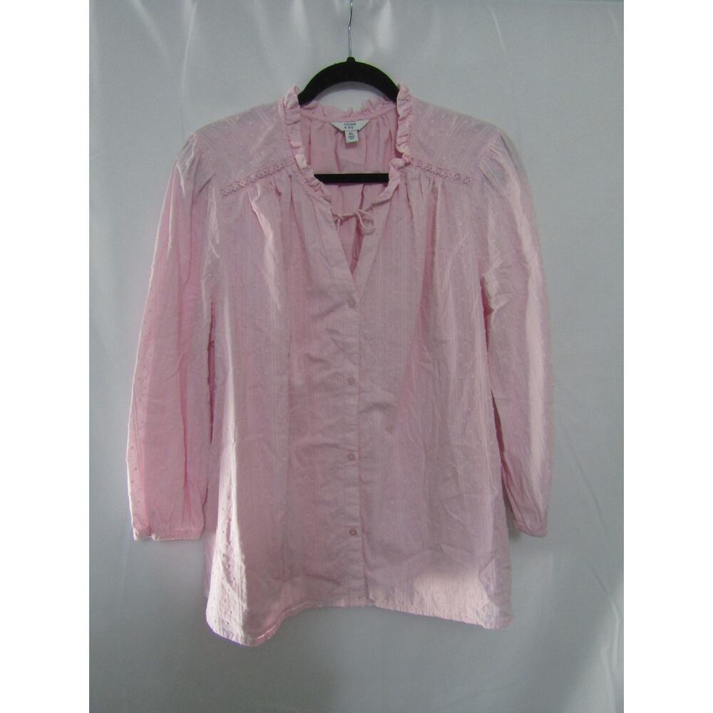 Crown & Ivy Women's XL‎ Pink Swiss Dot Ruffle Neck Button Blouse Peasant Top
